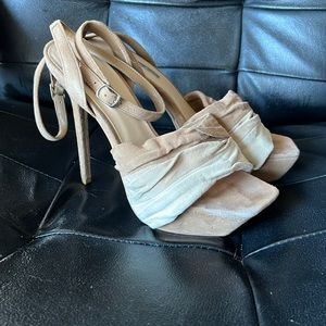 Halston Beige & Tan Stiletto Ankle Wrap Heels. Sz 8